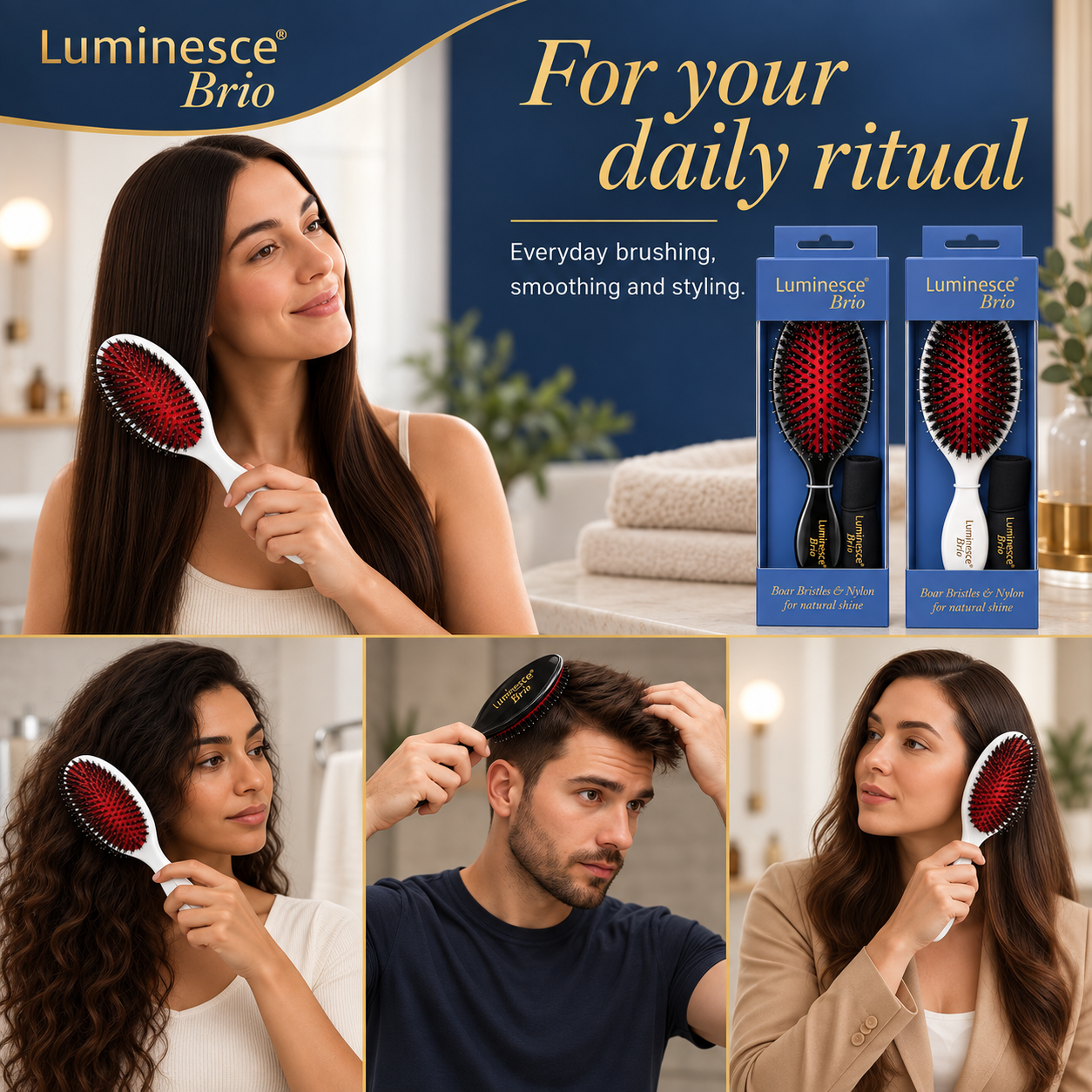 Luminesce Brio campaign image showing women and a man using the brush