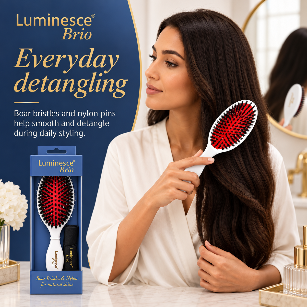 Woman using Luminesce Brio brush for everyday detangling