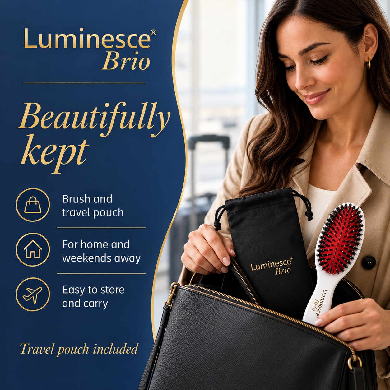 Luminesce Brio brush and travel pouch being packed for travel