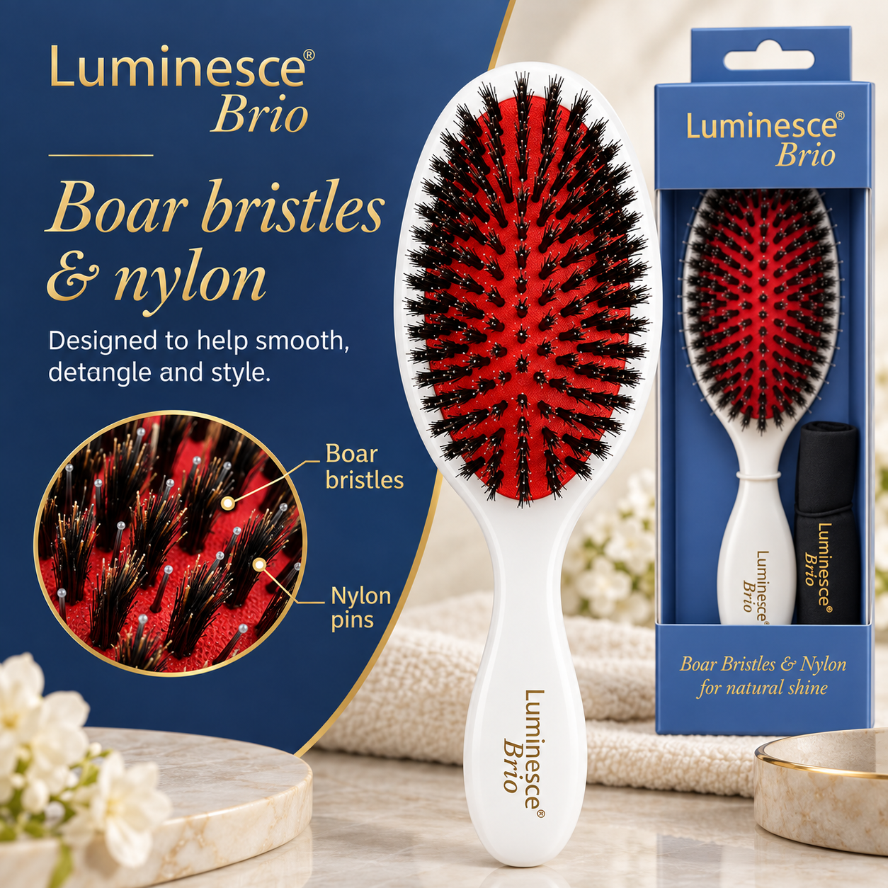 Luminesce Brio brush showing boar bristles and nylon pins