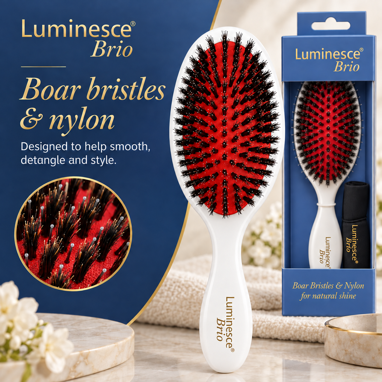 Luminesce Brio brush and packaging with boar bristles and nylon pins